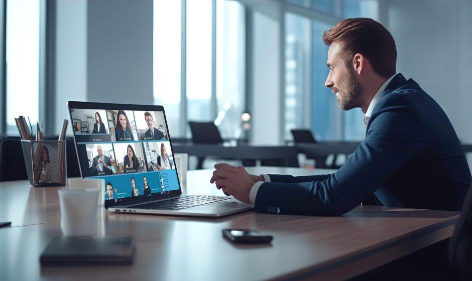 Virtual Meeting Video Conference. Team working by group video call share ideas brainstorming negotiating use video conference, pc screen view multi ethnic young people.